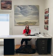 Lynn Schuette in her art studio profile pic for hotels/motels unofficial art fair at the Lafayette Hotel